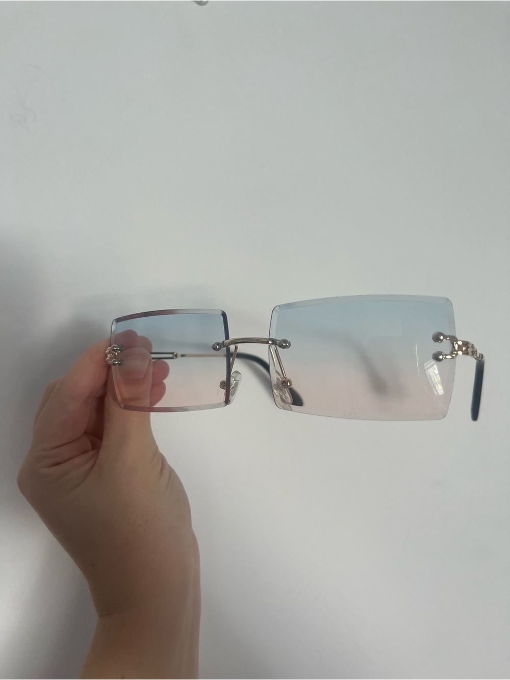 Y2K Rimless Rectangle Sunglasses Diamond Cut Edge Gradient Lens Gold Frame Retro